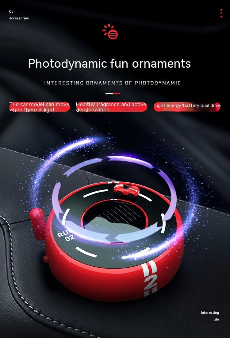Solar-powered round car-shaped perfume diffuser with USB charging port in black, red, or white