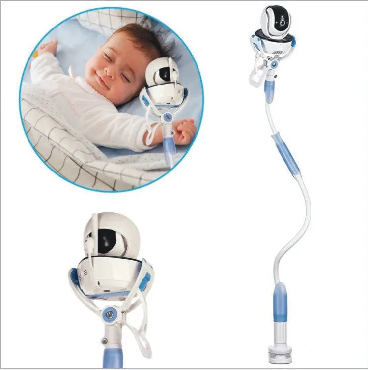 White no-drill baby camera bracket with flexible arm and anti-slip clamp attached to a desk