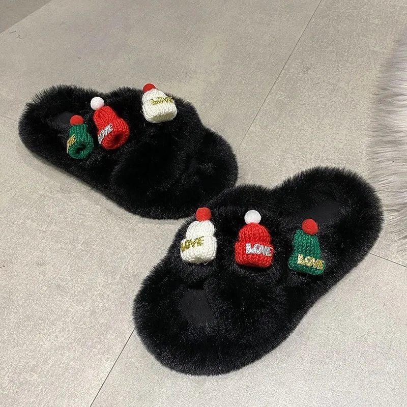 Women's super hairy faux plush slippers with Christmas hat decoration in black.
