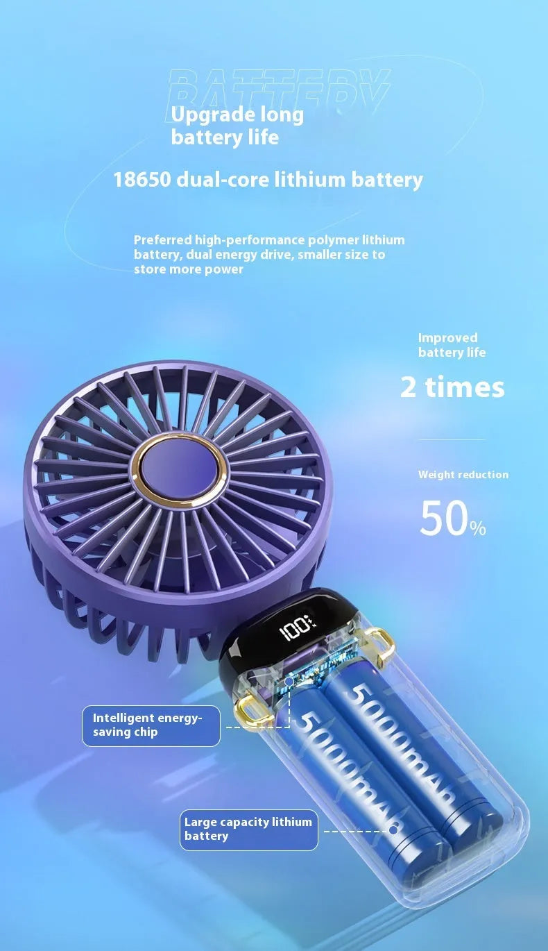 Handheld portable folding fan in Snow Peak White with USB cable, five speed settings, and 10 hour battery life