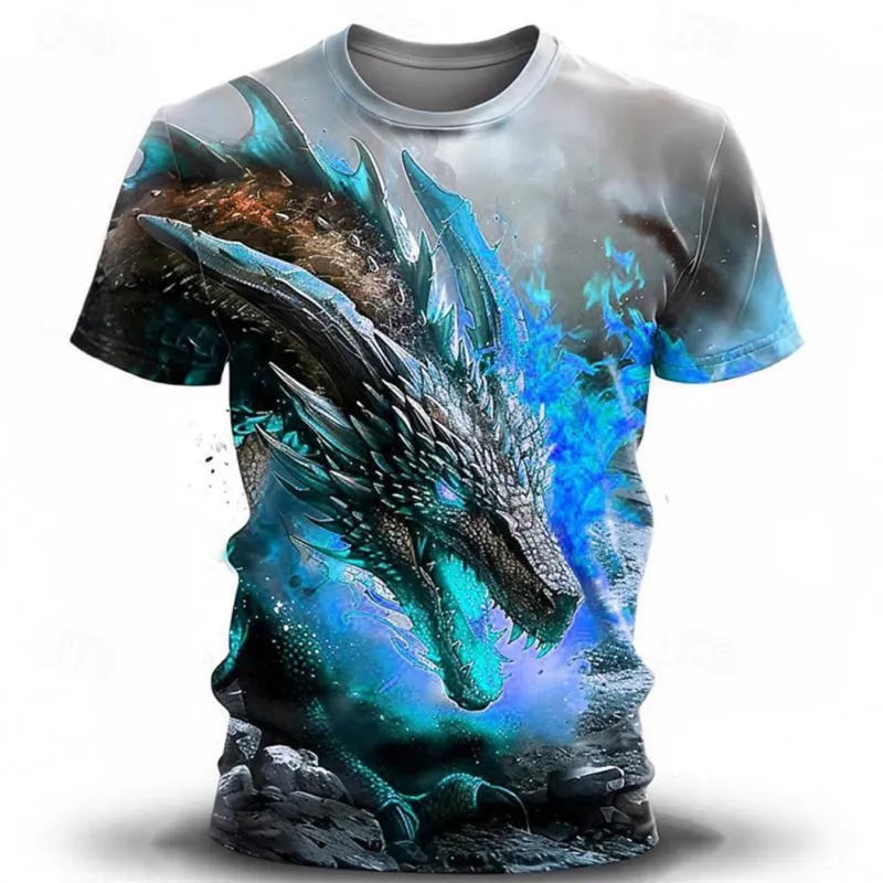 Men's black short-sleeved T-shirt with a large, detailed 3D wind dragon graphic print on the front.
