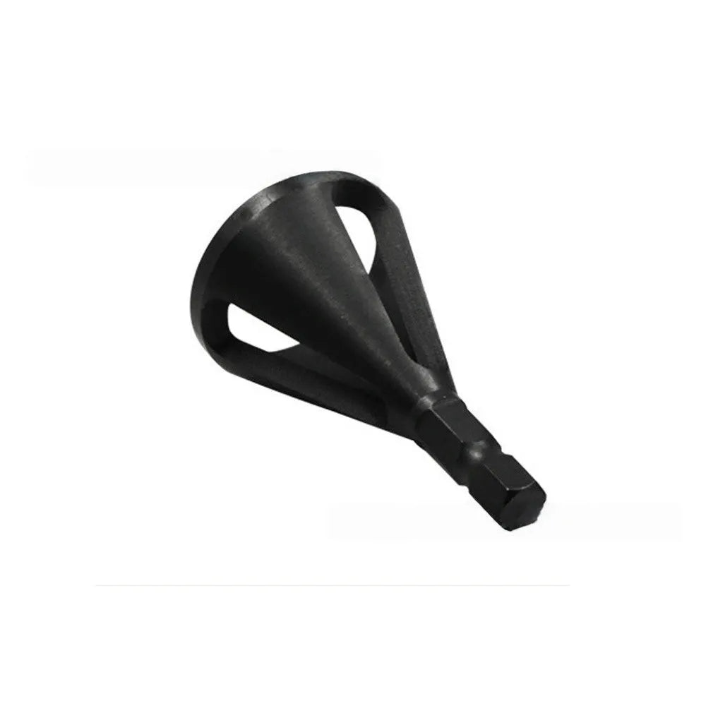 Single high-speed steel deburring chamfering drill bit with hexagonal three-groove shank on neutral background