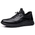 Men's black casual business shoes made of cowhide with leather stitching and a square low heel.
