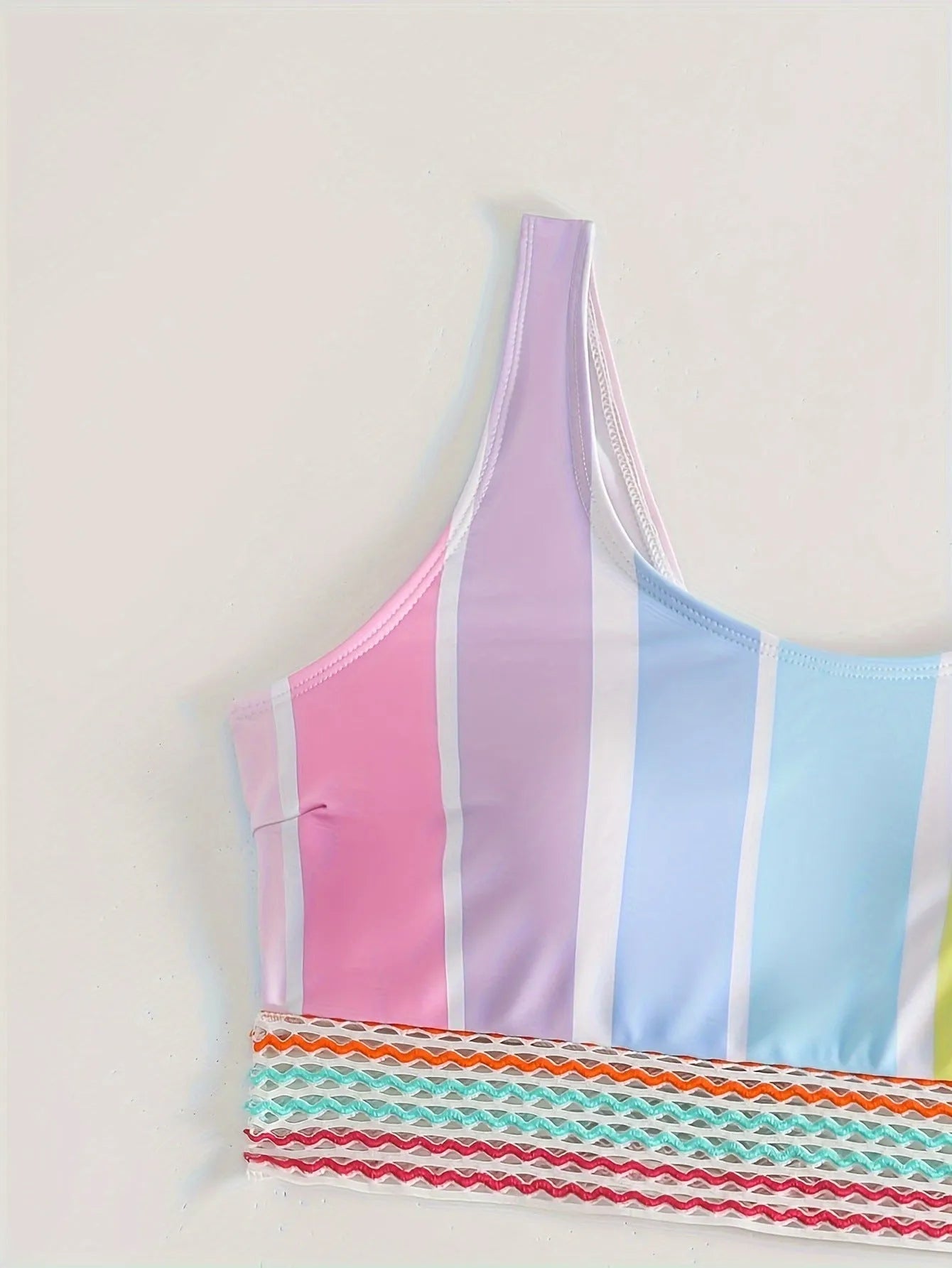 Women's striped two-piece bikini set for sports swimming, shown in picture colour.