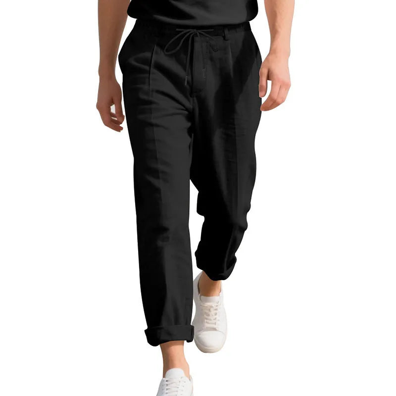 Men's linen casual trousers in army green with drawstring waist and straight leg design