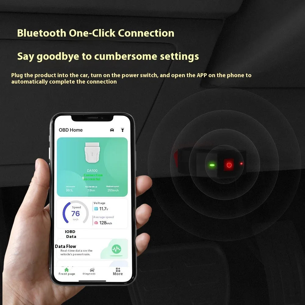 Car diagnostic tester with OBD2 connector to clear engine fault lights, 64.5x49x24mm, on white background