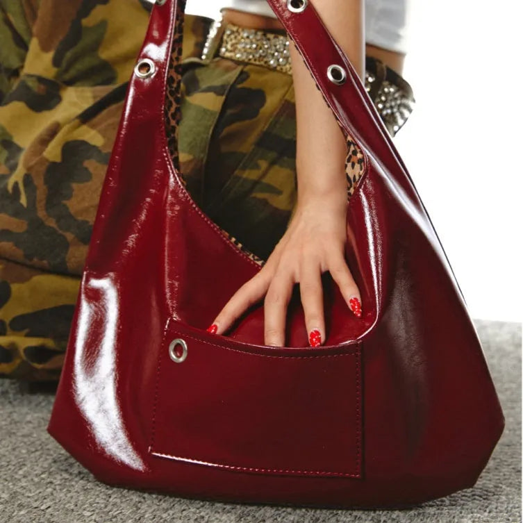 Red leopard print women's shoulder bag with two-side access and adjustable strap