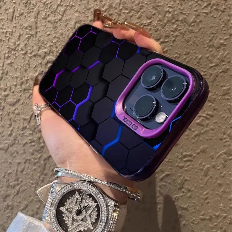 Frosted black iPhone case with honeycomb square pattern on the back.