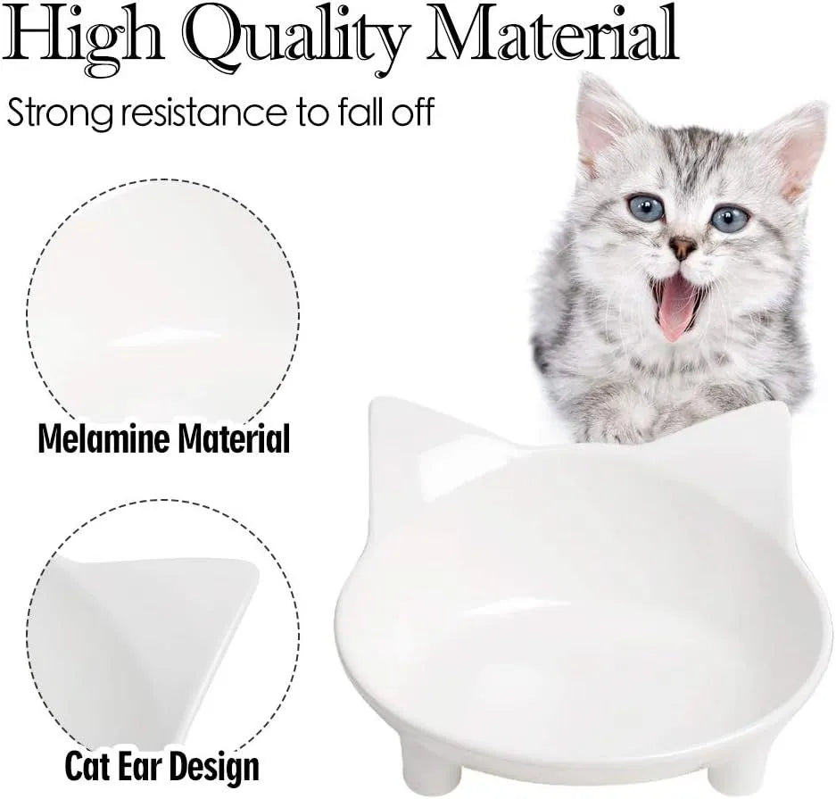 White shallow cat bowl with non-slip rubber base on a table.