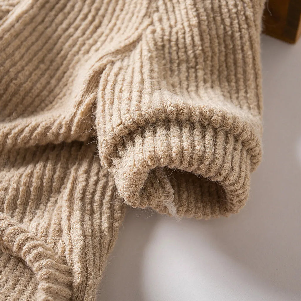 Brown knitted pullover sweater on small dog showing casual design with five size options