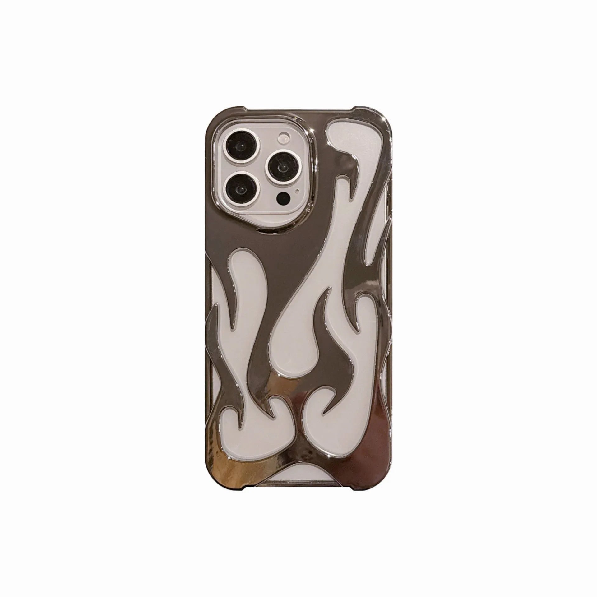 Electroplated hollow flame pattern soft phone case for Apple iPhone in silver finish.