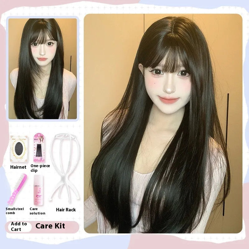 Dark brown long straight synthetic women's wig with a fringe on a wig head.