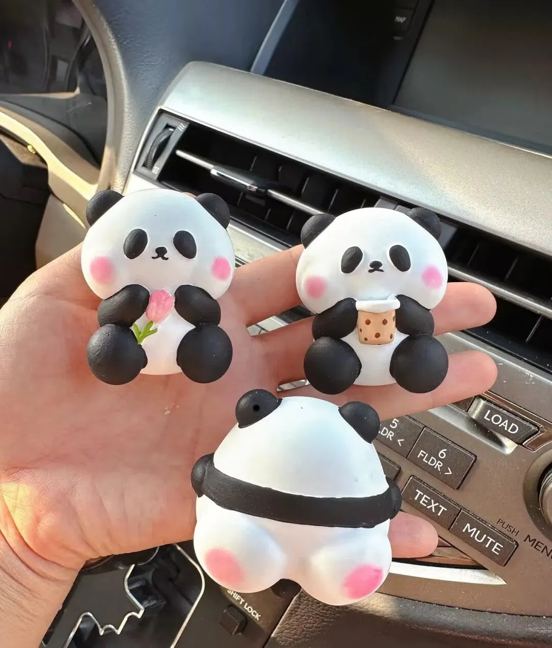 Panda car vent perfume decoration showing three design options: milk tea panda, flower panda and back panda
