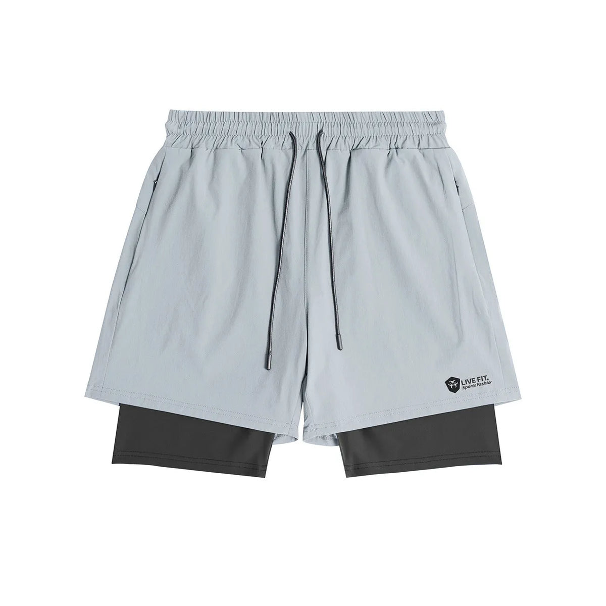 American style quick drying zippered shorts for men in grey, size M, front view