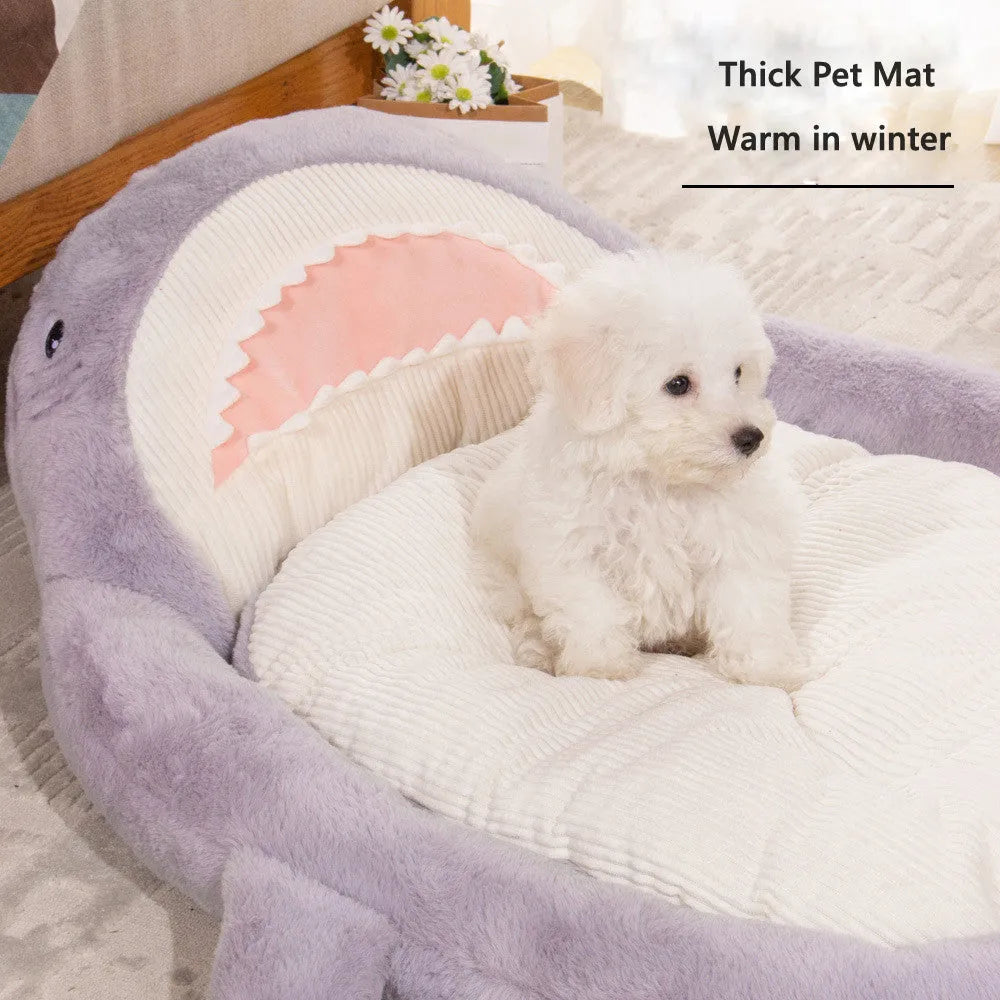 Shark pattern pet bed cushion in blue or grey with non-slip base and velvet fabric