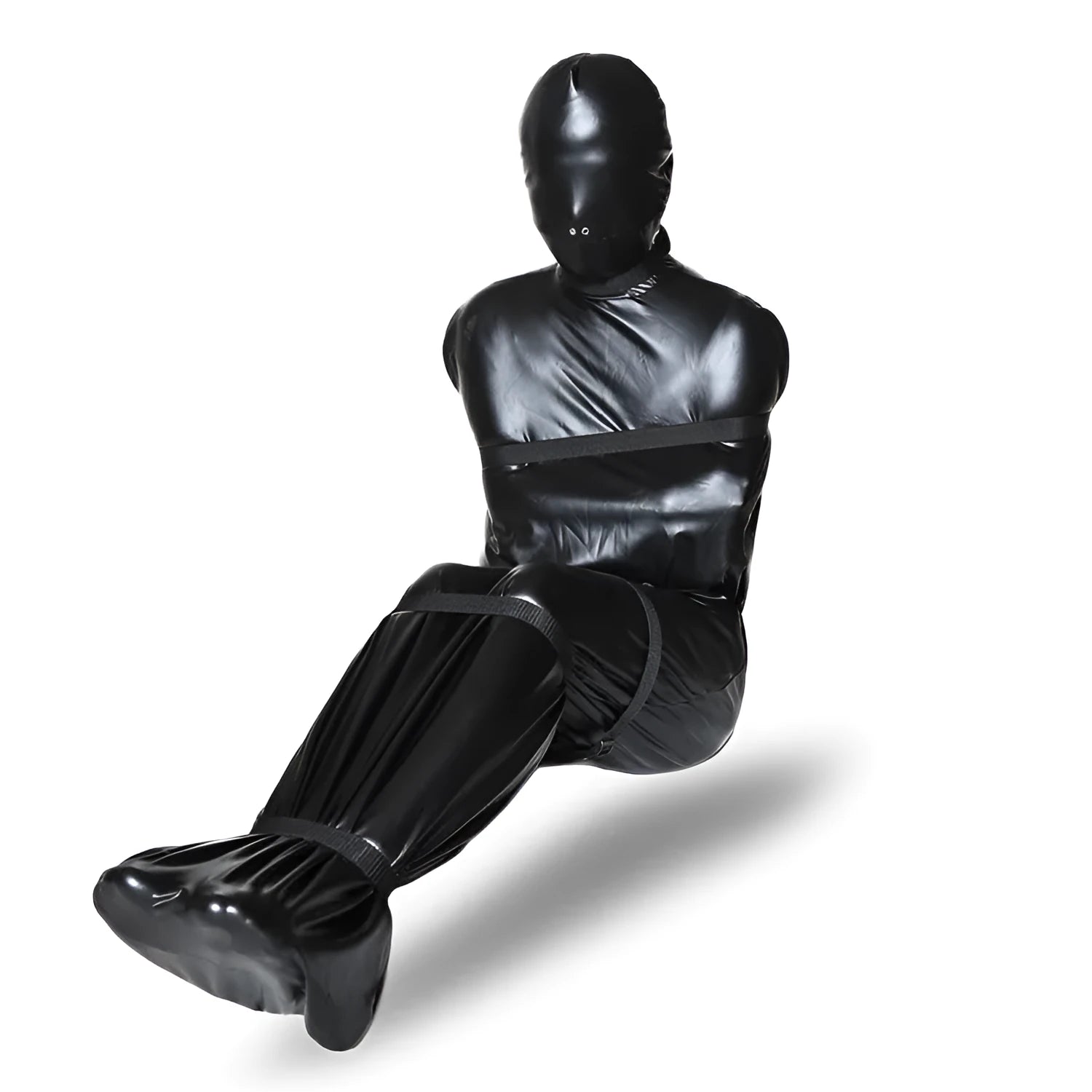 Black patent leather L size BDSM restraint kit with six ratchet straps and face piece