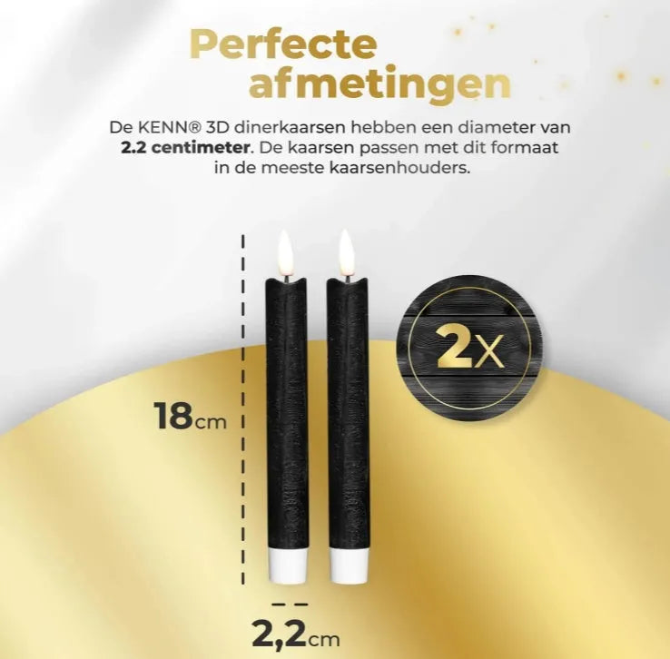 Black LED taper candle with realistic 3D flame effect measuring 18cm tall