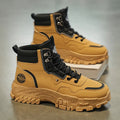 Men's black and yellow high-top Martin boots with a mid heel on an injection moulded sole.
