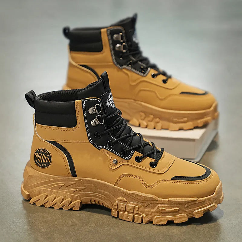 Men's black and yellow high-top Martin boots with a mid heel on an injection moulded sole.