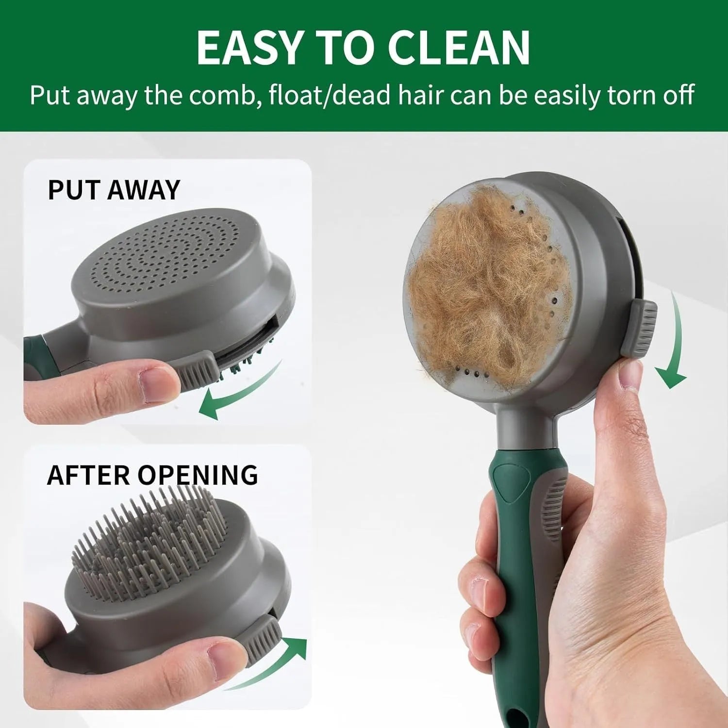 Green and pink dual-sided pet brush showing slicker brush side and silicone massage head side