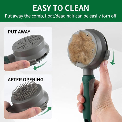 Green and pink dual-sided pet brush showing slicker brush side and silicone massage head side
