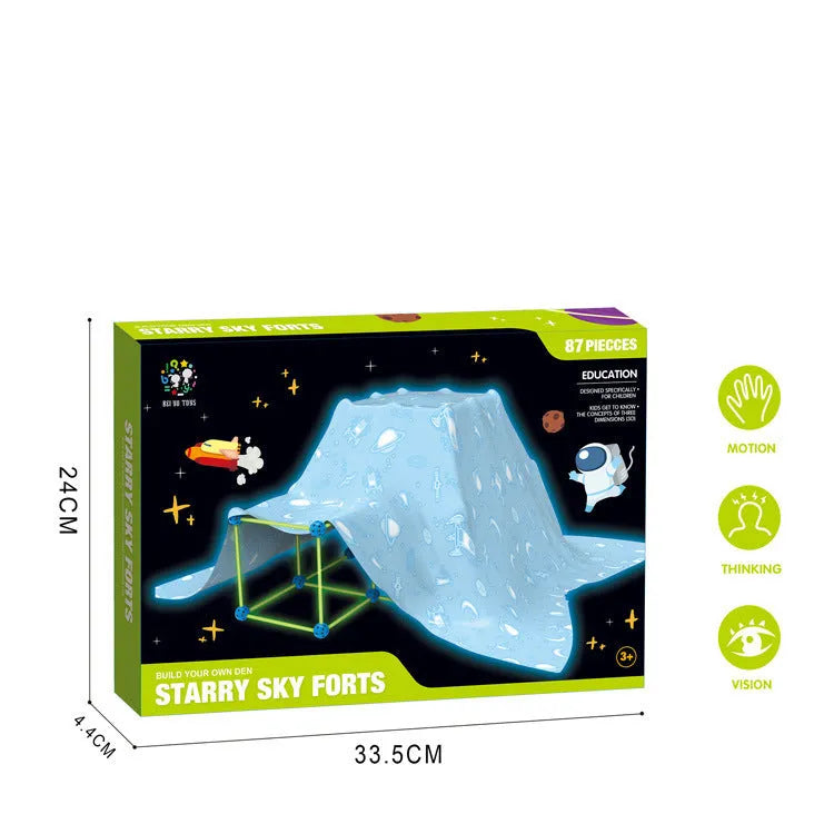 Children's luminous fort building kit with plastic rods, balls and storage bag for creative construction