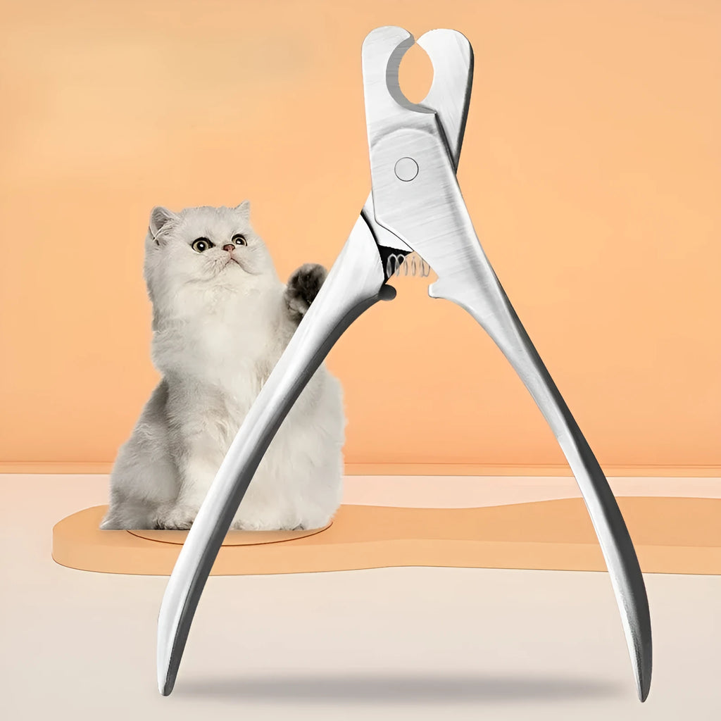 Silver stainless steel professional pet nail clipper with finger grip handle for dogs and cats.
