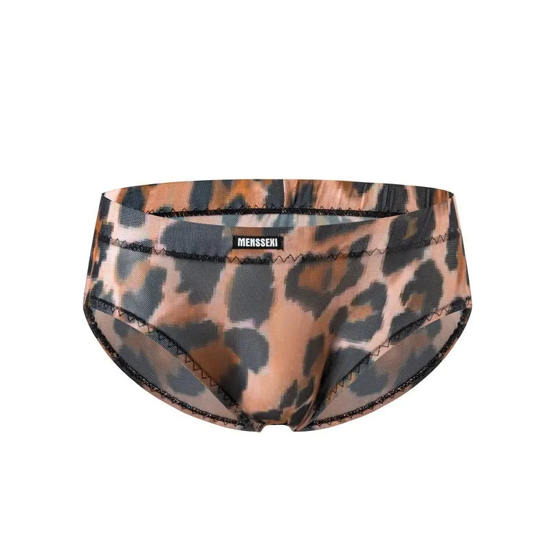 Men's low waist printed briefs in leopard print pattern made from soft polyester knit fabric