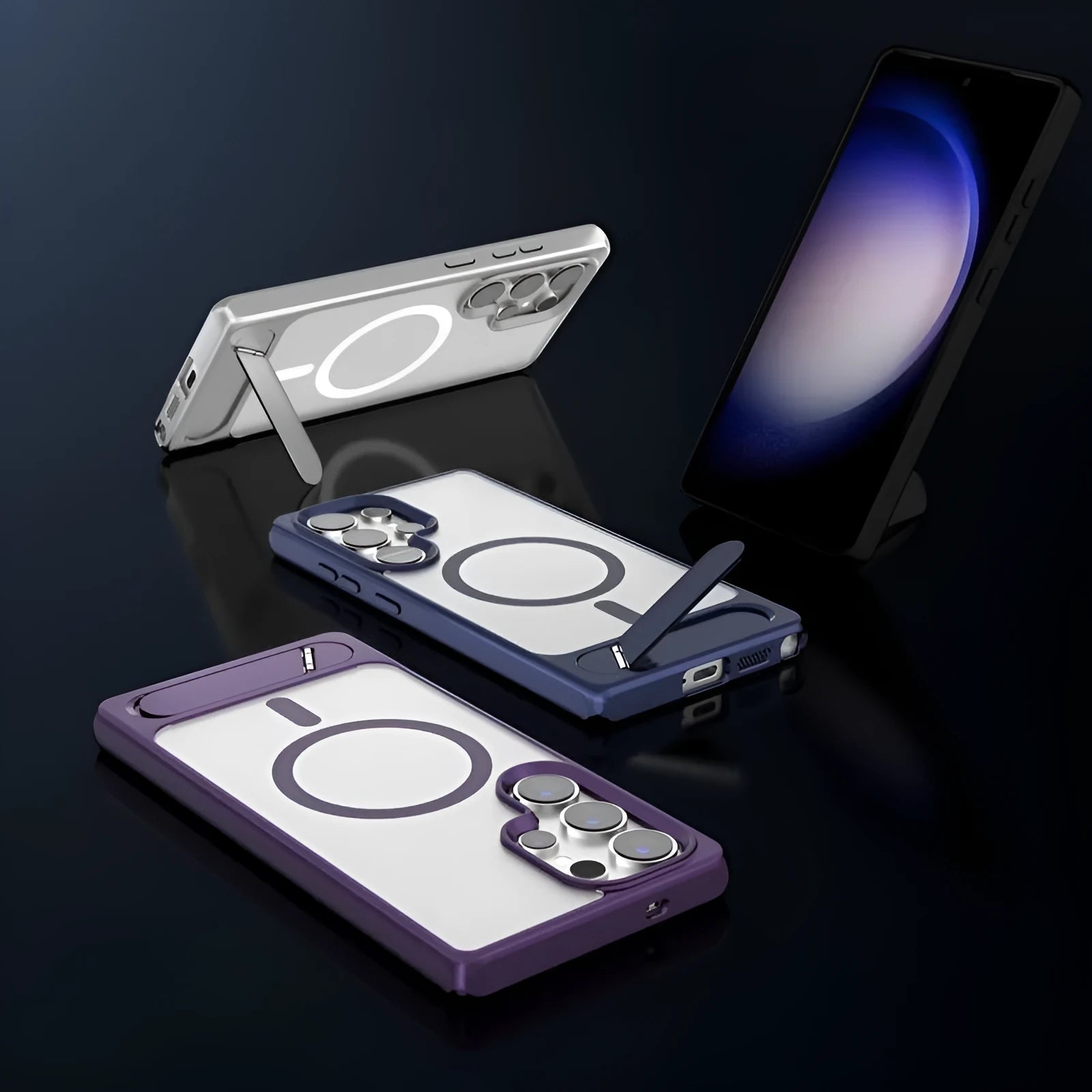Magnetic suction phone case for Samsung S25 Ultra with oblique turning bracket in black frosted finish