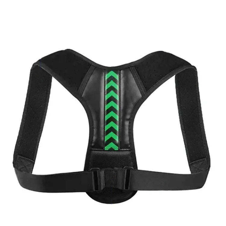 Anti camel sitting posture correction belt in black green colour showing adjustable nylon webbing straps