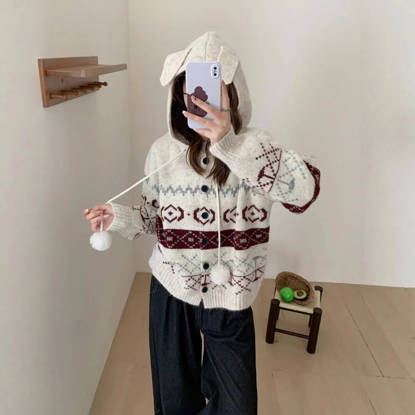 Loose fit brocade sweater coat for women in grey with geometric pattern.