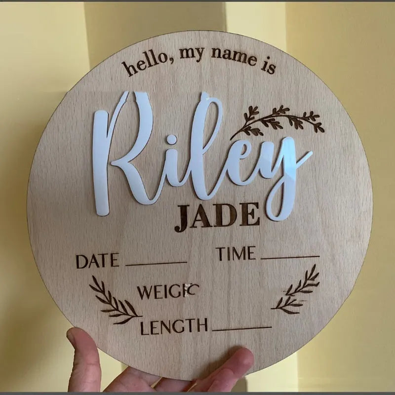 Personalised wooden newborn surname sign with birth information, 15x15cm square plywood nursery decor