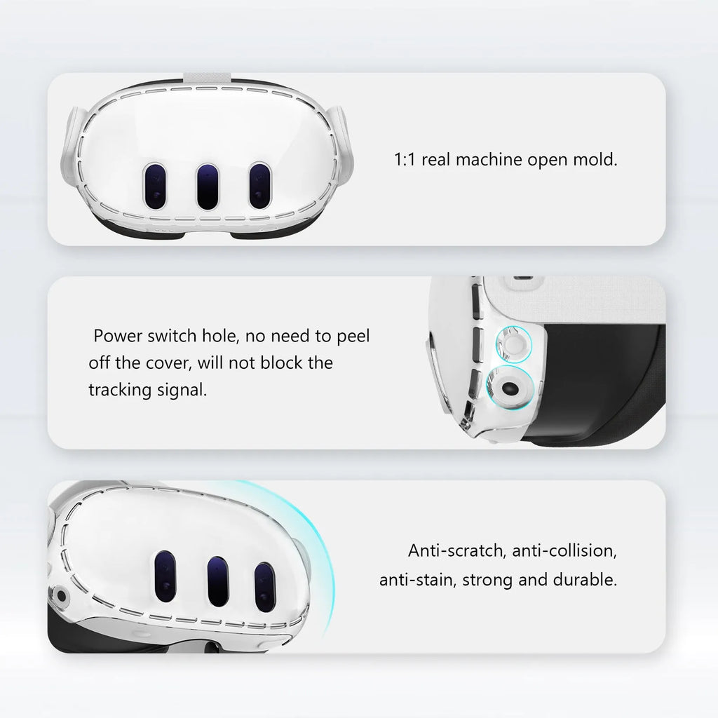 Transparent PC protective case for VR glasses with silicone edges on a white background