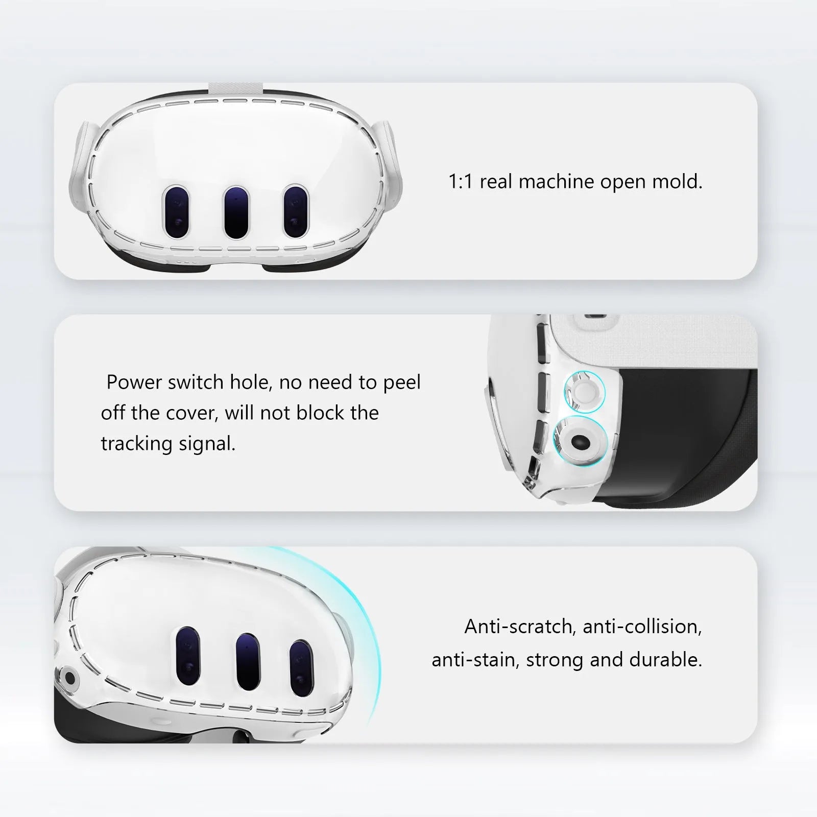 Transparent PC protective case for VR glasses with silicone edges on a white background