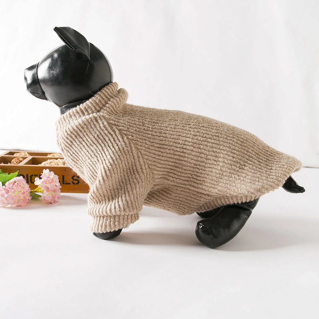 Brown knitted pullover sweater on small dog showing casual design with five size options