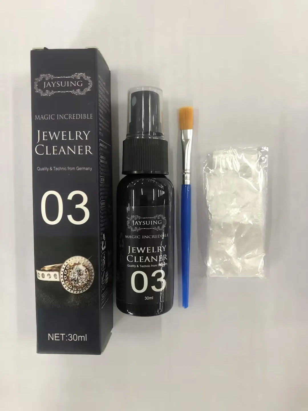 30ml jewellery cleaner in a plastic bottle measuring 13.8cm by 2.9cm for watch straps and jewellery