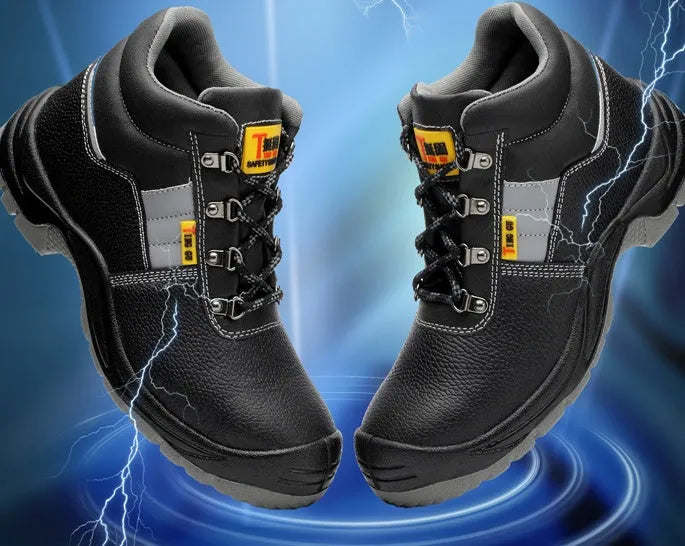 Men's black steel toe safety boots with cowhide leather upper and high-top design