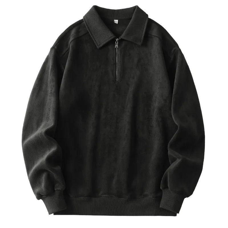 Men's fleece half-zip lapel hoodie in black, long sleeves, polyester cotton blend, winter warm top
