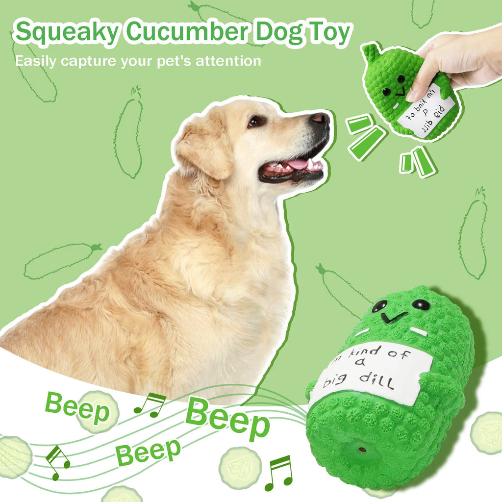 Green pickle-shaped squeaky dog chew toy with textured surface for teething puppies