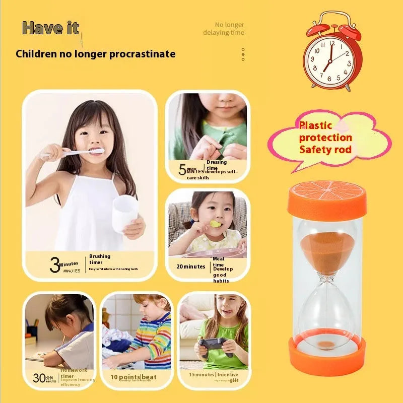 Plastic fruit-shaped hourglass timer in lemon colour on a desk – handmade Chinese style desktop ornament