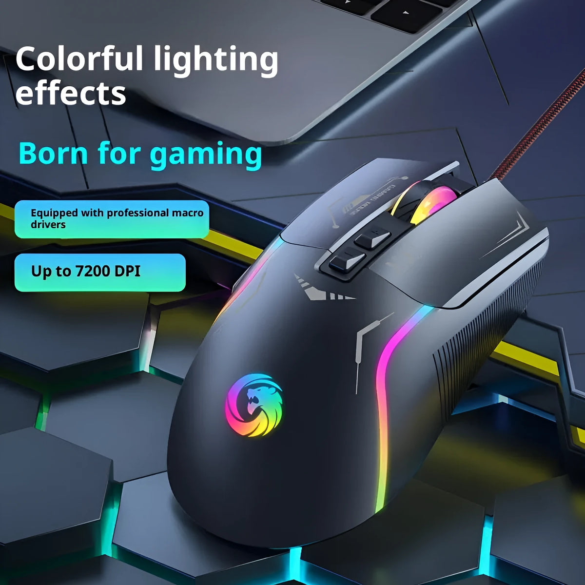 Gaming wired mouse in black with 1.5m cable and optical sensor on a desk