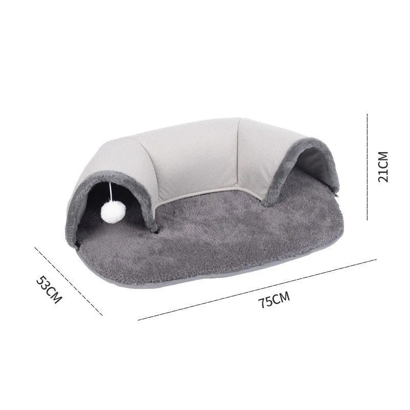 Oval cat nest tunnel in black and grey plush artificial leather and cotton velvet for indoor cats