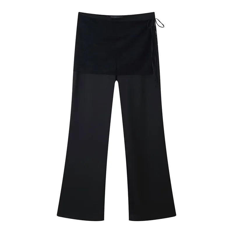 Black straight-leg trousers with lace-up front, loose fit, woven nylon, sizes XS to L