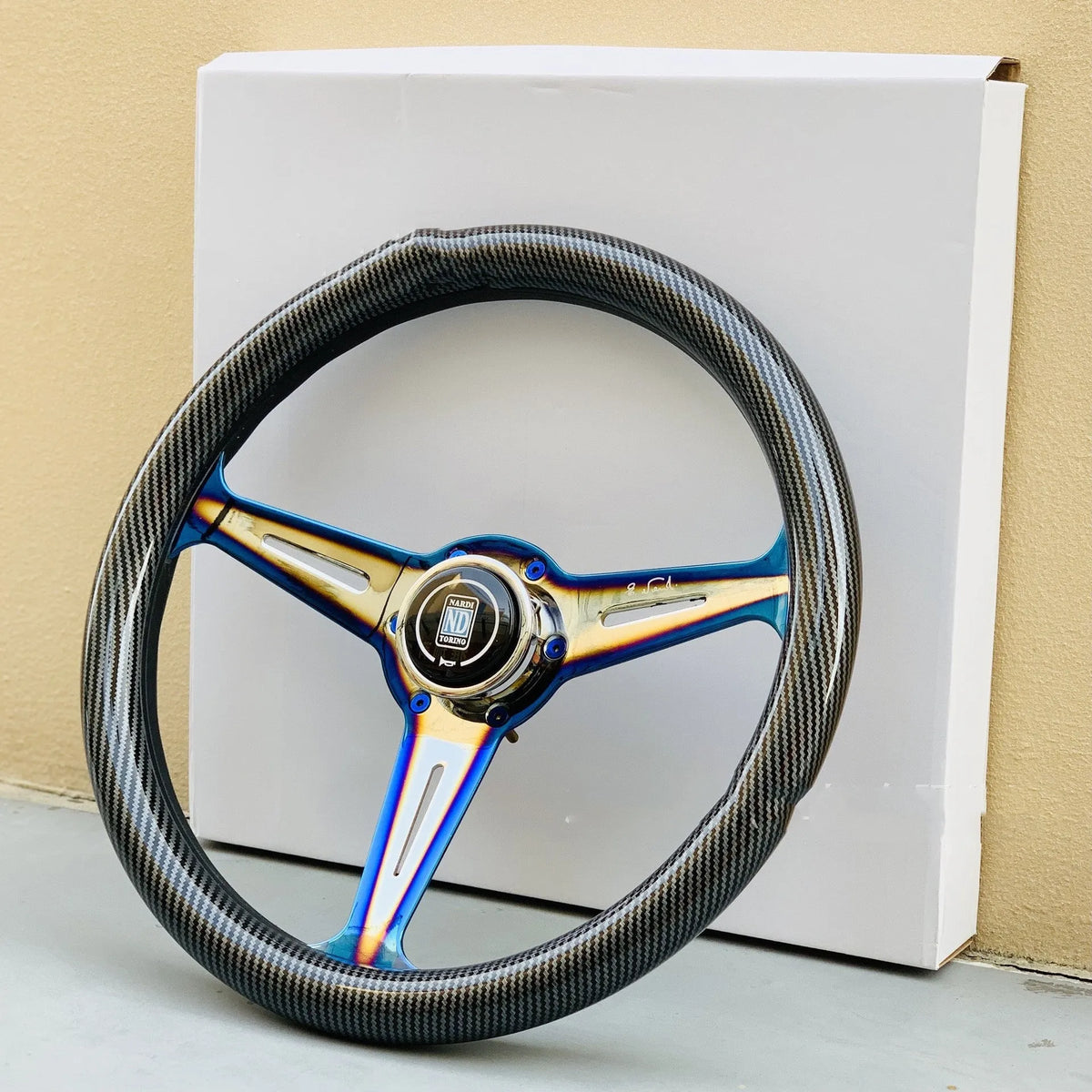 350mm alloy racing steering wheel with baked blue water transfer finish