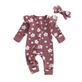 Girls long-sleeved cotton flower print zipper jumpsuit with matching hair band in apricot colour for newborn to 18 months