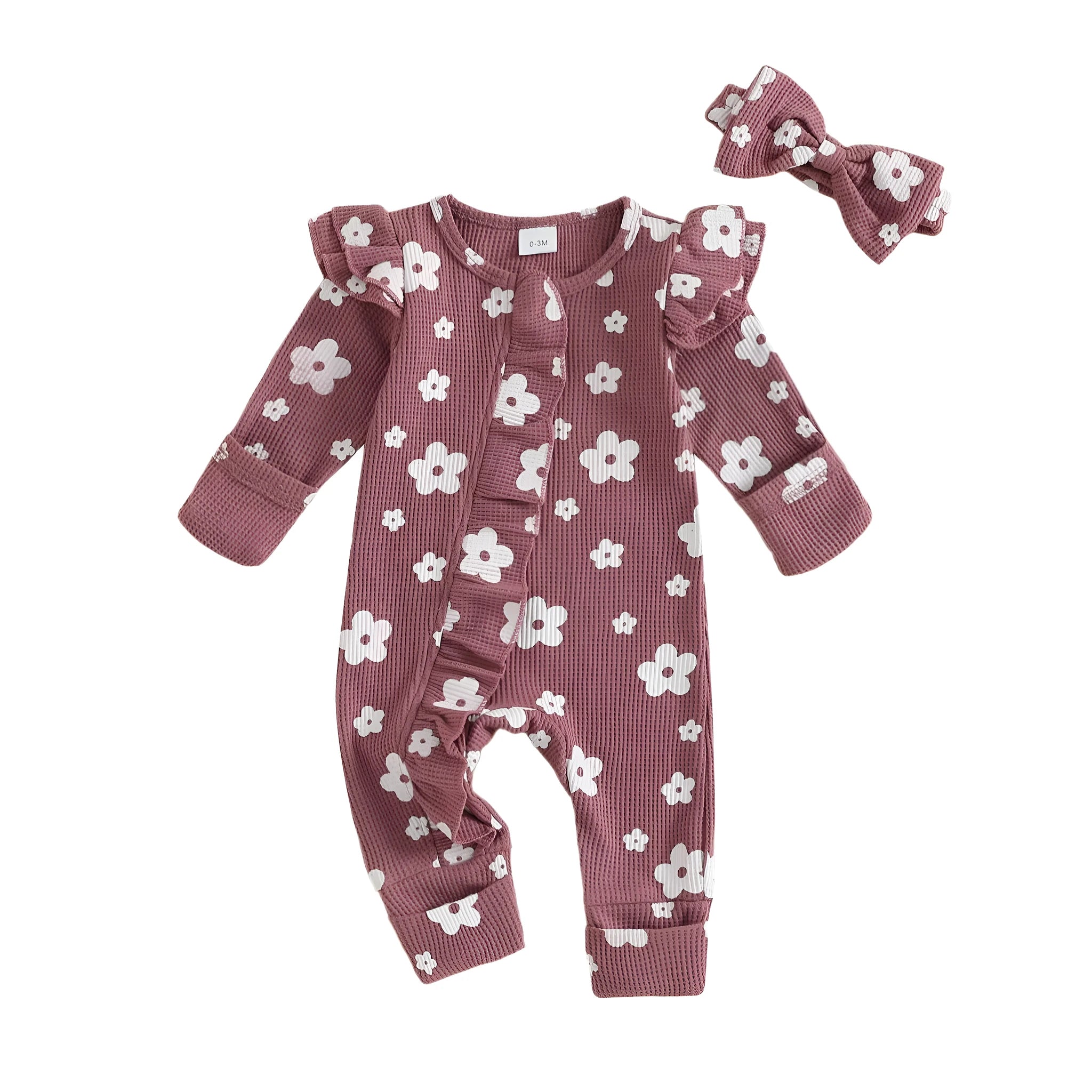 Girls long-sleeved cotton flower print zipper jumpsuit with matching hair band in apricot colour for newborn to 18 months
