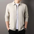 Men's black polyester casual business jacket with long sleeves on a hanger.
