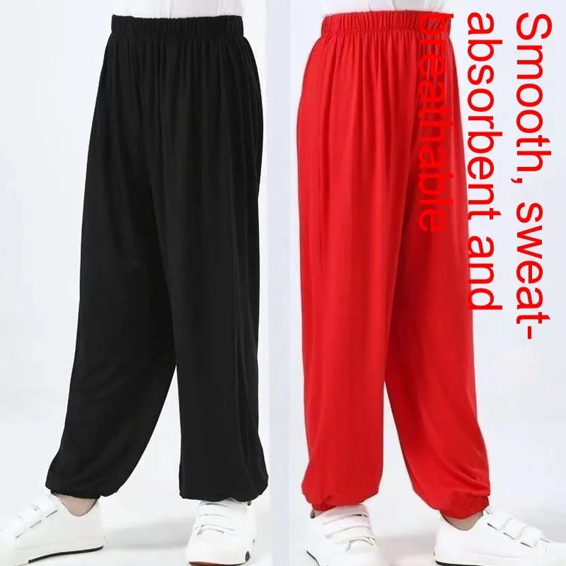 Children's black high elasticity Sanda martial arts practice pants made from Lycra.