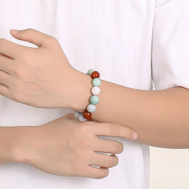 Women's natural Myanmar jade bracelet with three colours in 13mm round beads