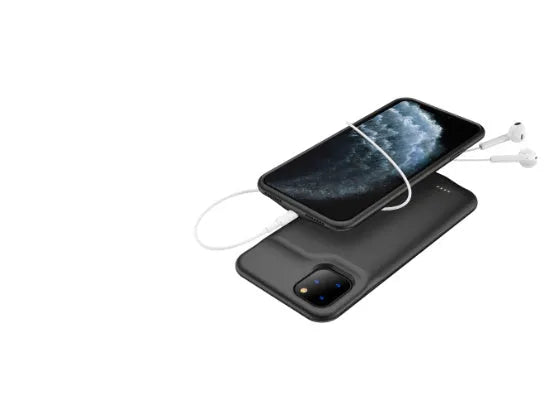 Shockproof silicone battery charger case for iPhone in black, blue, pink, or white, showing integrated high-capacity battery.